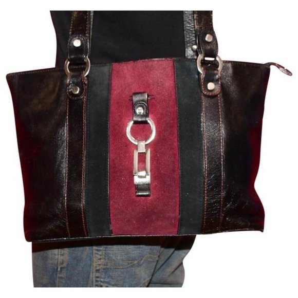 Etienne Aigner Vintage Black Burgundy Suede Tote